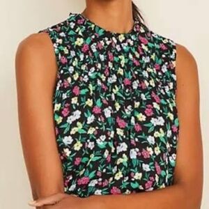 Ann Taylor Cottagecore Spring Black Floral Sleeveless Flowy Smocked Yoke Blouse